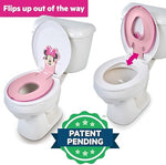 Side view of Bright Starts Minnie Mouse potty seat fitting an elongated home toilet