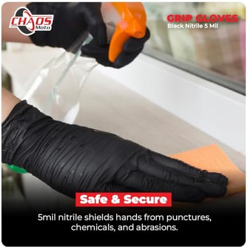 Chaos Moto Grip Black Nitrile Gloves open box with gloves