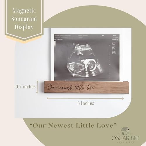 Oscar Bee baby reveal gift wooden photo frame showing natural walnut wood grain details