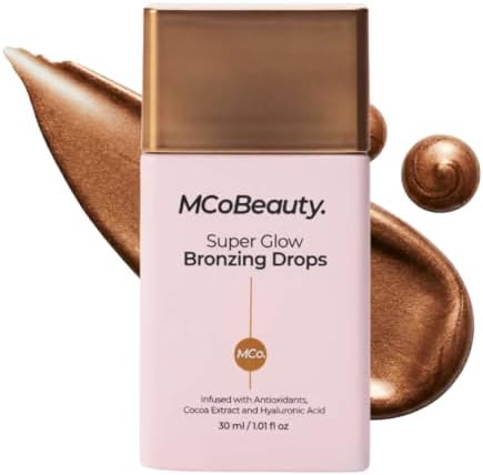 MCoBeauty Super Glow Bronzing Drops front view bottle showcasing the Sun Kissed liquid bronzer packaging.