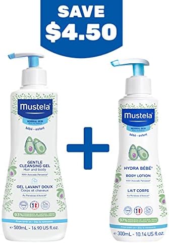 Mustela baby skincare products with natural avocado icon