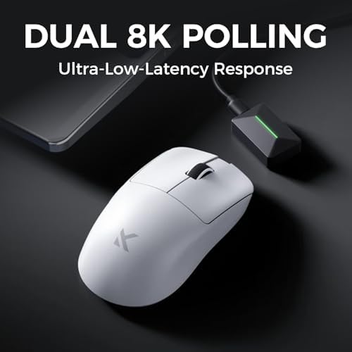MCHOSE L7 Ultra-Lightweight mouse underside showing the PixArt PAW3395 sensor lens and pure PTFE feet.