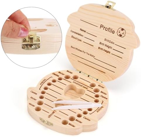 NASHRIO Baby Tooth Box Wooden Kids Keepsake Organizer Gift for Baby Teeth, Cute Children Tooth Container with Tweezers to Keep the Childwood Memory (Boy) - Image 3