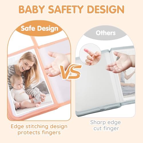 Soft fabric baby memory book opened to show internal photo slots holding family pictures.