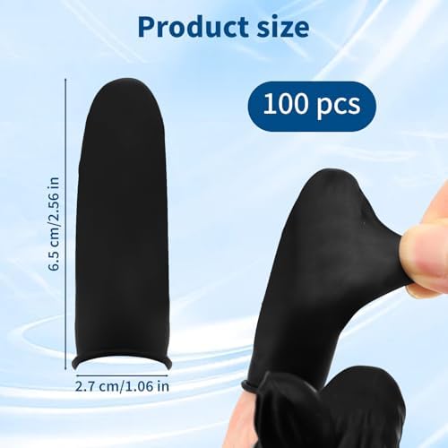 Black non allergenic finger protectors applied on fingertips showing comfortable stretchable fit