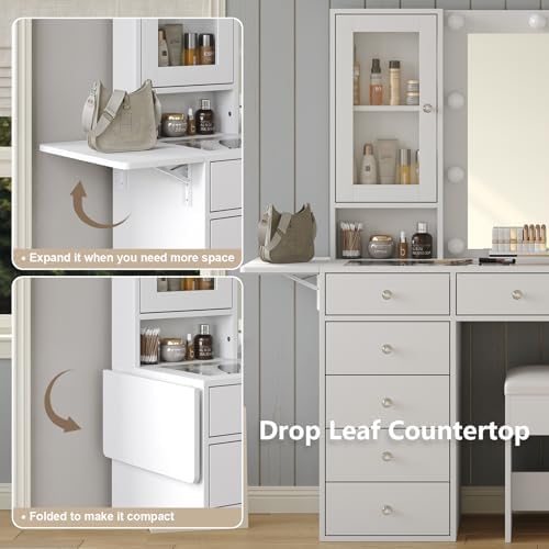 Complete Yanosaku vanity set setup including the white cushioned dressing chair