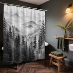 Close up view of the QGHOT rustic woodland pine tree shower curtain fabric highlighting the waterproof texture.