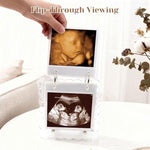 Side profile of Mlatnod refillable ultrasound album stand demonstrating the stable lay flat base design
