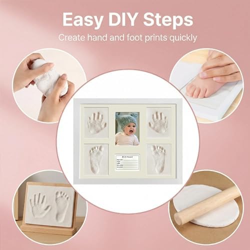 White wooden newborn keepsake frame displayed on a nursery tabletop beside baby accessories