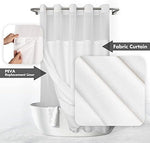 White hotel style shower curtain with built in rings on metal rod