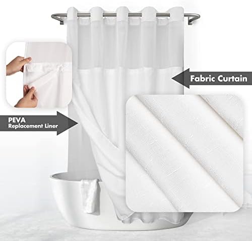 White hotel style shower curtain with built in rings on metal rod