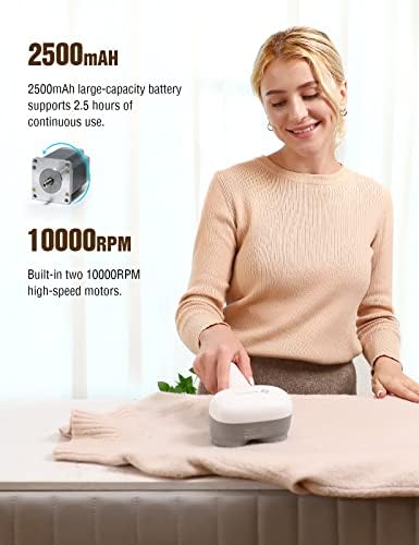 Greyish white rechargeable lint remover showing USB charging port.