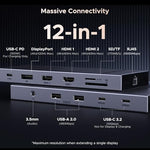 UGREEN Revodok Pro 12 in 1 multiport adapter showing dual HDMI and high refresh rate DisplayPort video outputs.