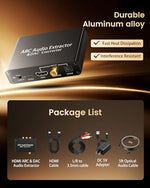 Avedio Links 192KHz DAC audio converter showing the HDMI ARC optical and coaxial digital input ports side panel.