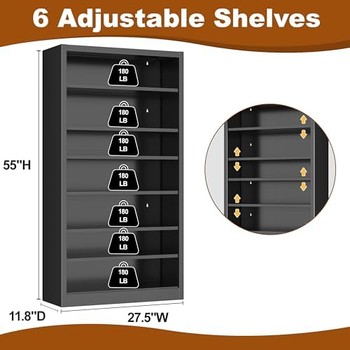 Close up angle of the adjustable metal shelves on the DUTYSEST seven tier CD storage rack illustrating height customization.