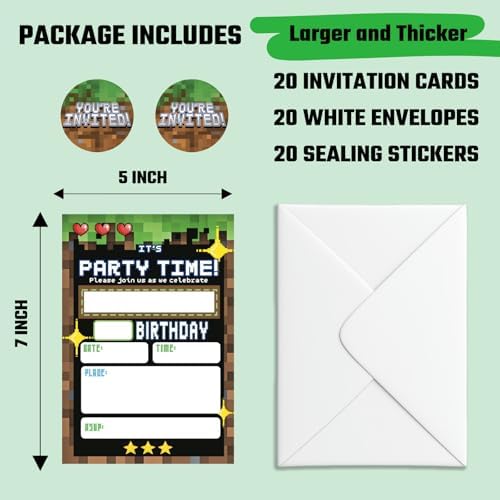 Lumoaster premium 350 GSM cardstock birthday invites with pixel block designs and adhesive sealing stickers.