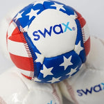 Close up of Swax training baseball red white and blue pattern