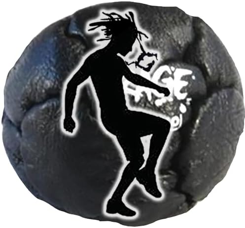 Side angle view highlighting the round symmetrical shape of the plastic pellet filled Zeekio freestyle footbag toy.