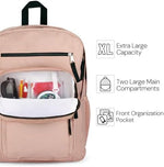 JanSport school bag displaying two large main compartments opened