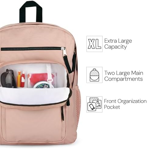 JanSport school bag displaying two large main compartments opened