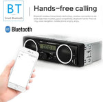 VEQENMOT Bluetooth car radio close up detailing the USB port, AUX input, and TF card slot.