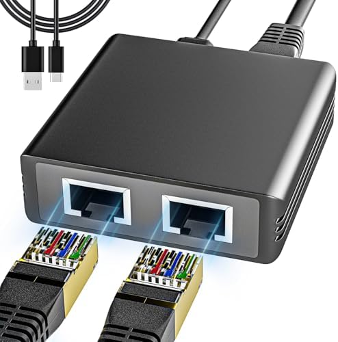 Powered internet cable switch adapter with USB connection for dual simultaneous devices.
