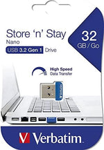 Verbatim low profile nano storage drive in blue inserted into a car audio system dashboard port.