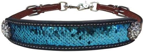 Showman leather wither strap front view showing teal sequins