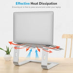 Side view of silver metallic ergonomic desk riser setup