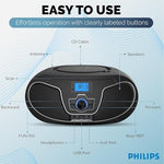 Close up of Philips boombox digital LCD display and controls