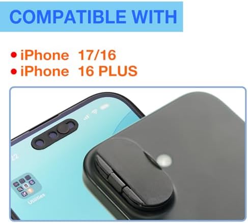 Close up of black physical camera cover for iPhone 16 series security