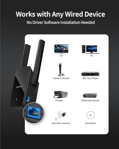 Side angle view of the BrosTrend dual band WiFi to wired convert adapter showcasing the convenient physical WPS pairing button.