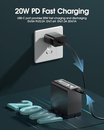 FirstPower replacement camera battery highlighting the integrated bidirectional USB-C 20W Power Delivery fast charging port.