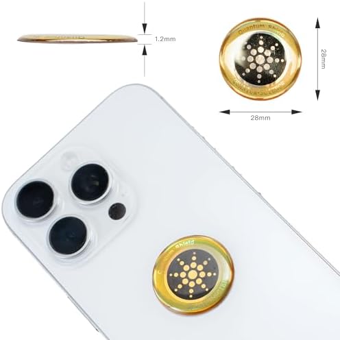 Six golden EMF shield stickers displayed on a clean white background