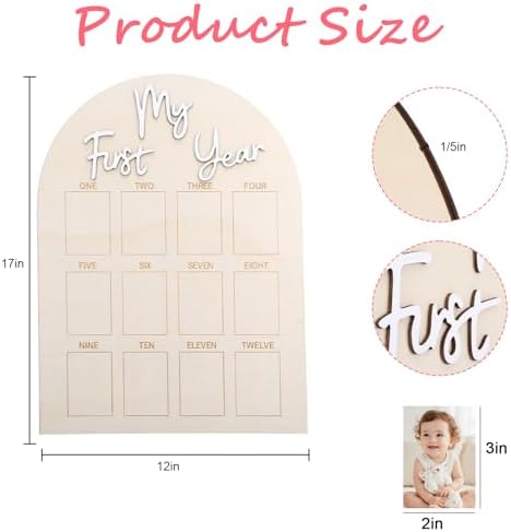 Arched wooden baby milestone board with monthly slots from one to twelve.