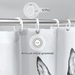 Mahrokh farmhouse donkey bathroom curtain with twelve included plastic hanging hooks installed on a rod.