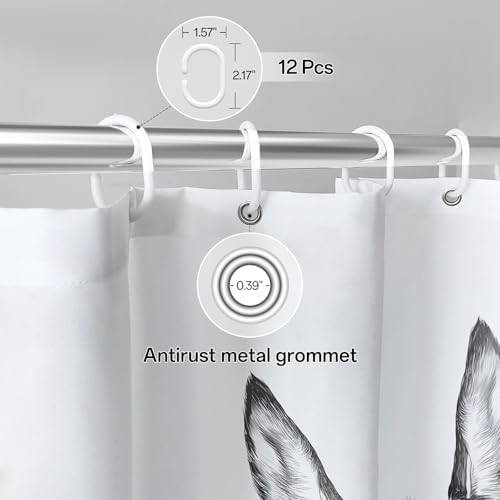 Mahrokh farmhouse donkey bathroom curtain with twelve included plastic hanging hooks installed on a rod.