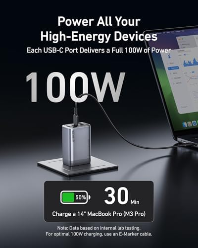 Premium compact 100-Watt black wall charger adapter displayed at an angle.