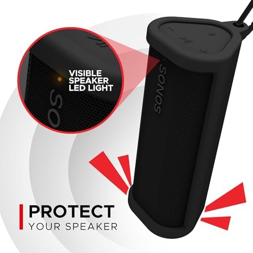 Sound Bass protective speaker sleeve for Sonos Roam 2 highlighting integrated Bluetooth button cover