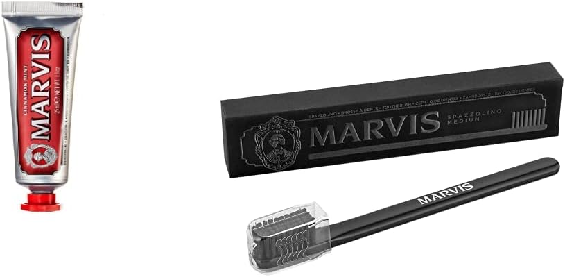 Marvis TSA approved cinnamon mint toothpaste and medium toothbrush travel set front view for premium oral care.