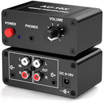 Generic stereo audio preamplifier side perspective focusing on the 3.5mm input and output jacks.