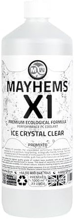 Mayhems X1 eco series transparent water cooling fluid bottle displaying product details and specifications.