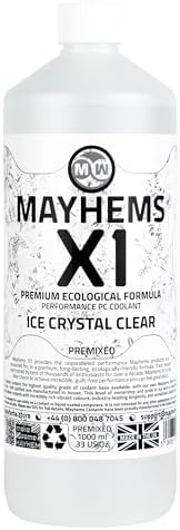 Mayhems X1 eco series transparent water cooling fluid bottle displaying product details and specifications.