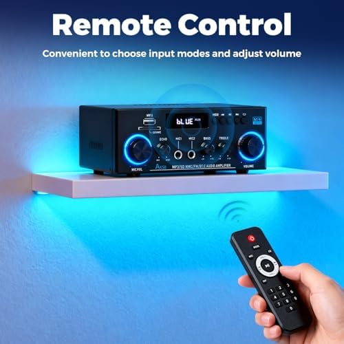 Romicta digital audio receiver driving passive bookshelf speakers in a living room setup