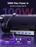 JSAUX multi-functional gaming dock connected to a large external monitor demonstrating high resolution display output.