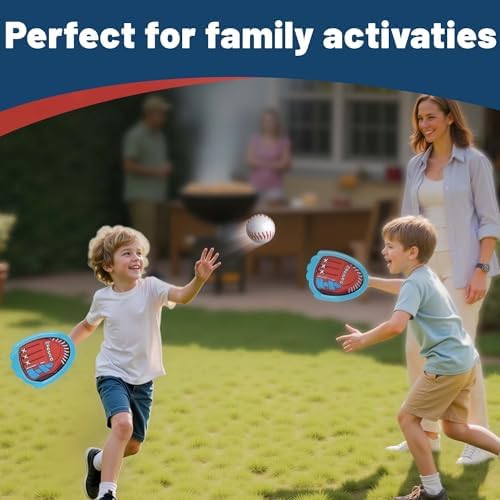 Child using Iplay, Ilearn sticky paddle and ball set outdoors