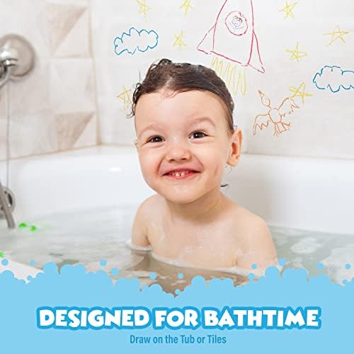 Toddler holding a chunky blue hexagon bathtub crayon drawing smoothly on a wet white porcelain wall.