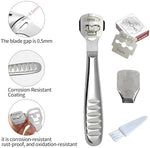 Premium stainless steel pedicure shaver demonstrating the safe point five millimeter blade gap