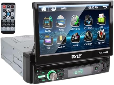 Pyle Single DIN Head Unit Receiver front view with motorized touchscreen extended.