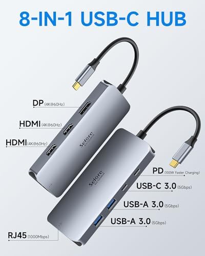 Selore triple display docking station side view highlighting the one hundred Watt Power Delivery port.